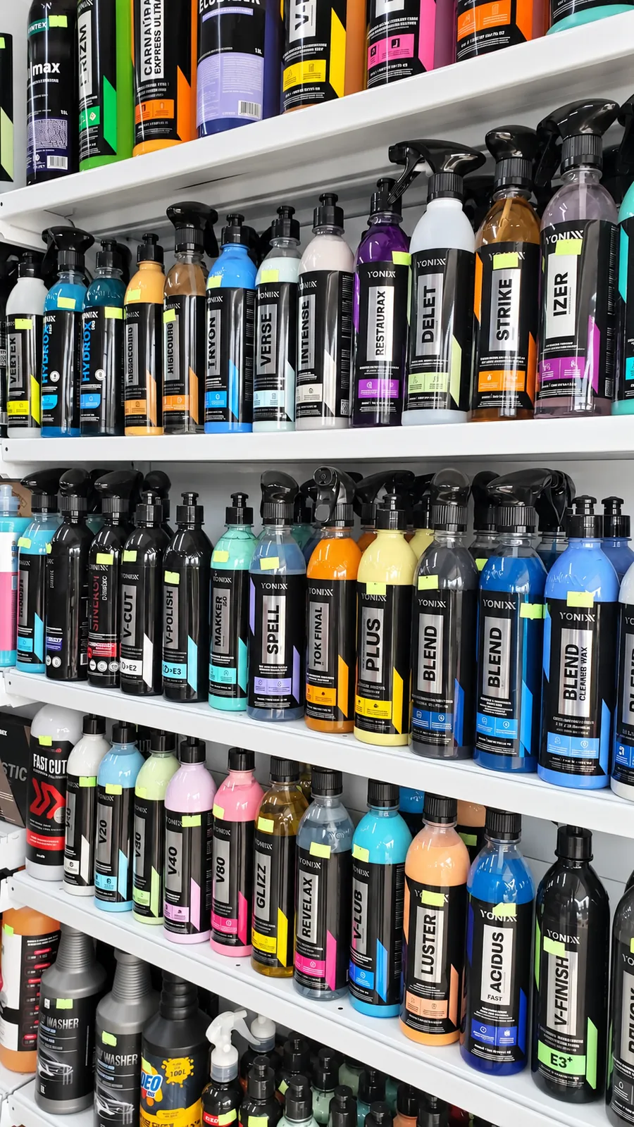 Prateleira completa da linha automotiva Vonixx na loja Clean Limpezas
